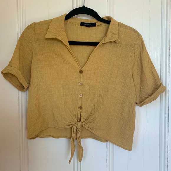 herinbe tu Tops - Herinbe Tu Olive Green Linen Tie-Front Blouse